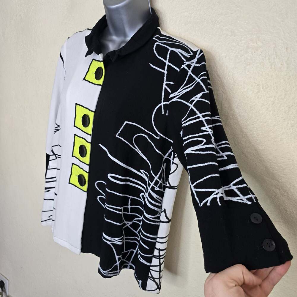 Ali Miles Black White Lime Scribble Print Button-Front Jacket Size PM - Picture 3 of 8